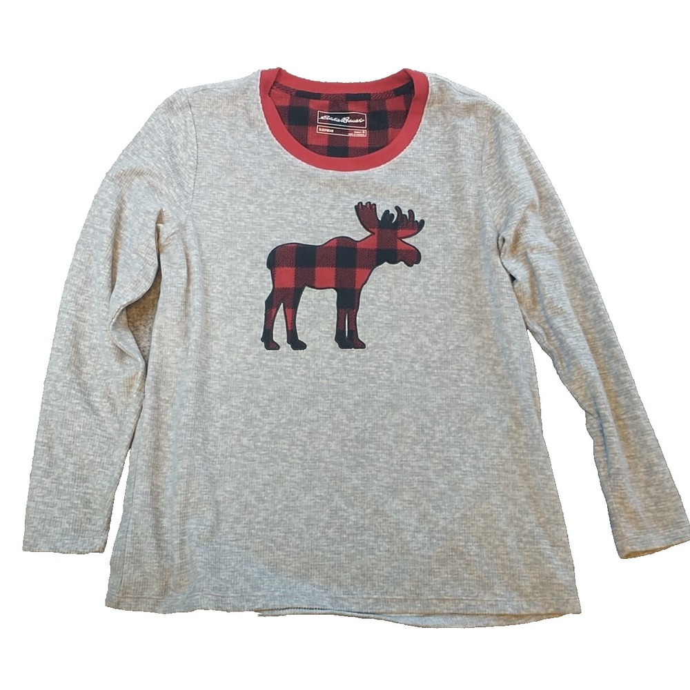 Eddie Bauer Sleepwear Womens Medium Plaid Moose Fleece Sleepshirt Long Sleeves
